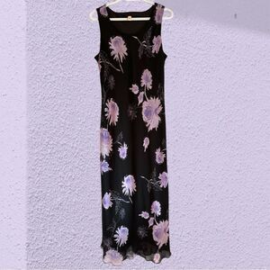 90s vintage black midi dress with large floral print chiffon